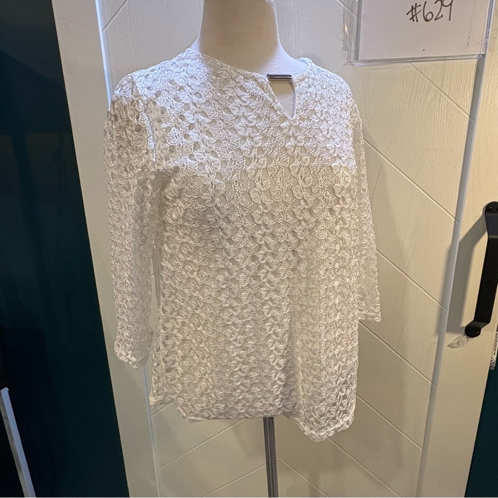 Jon & Anna White Lace Keyhole Blouse‎ 3/4 Sleeve Crochet Knit Top Large L